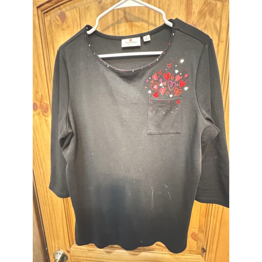 Quacker Factory Shirt Women's Black Heart Print Embellished Valentine's Size M